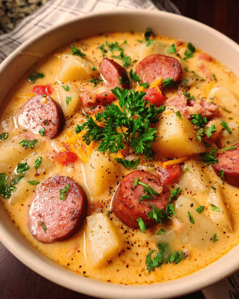Bowl of creamy Cajun potato soup with smoked sausage and cheddar cheese