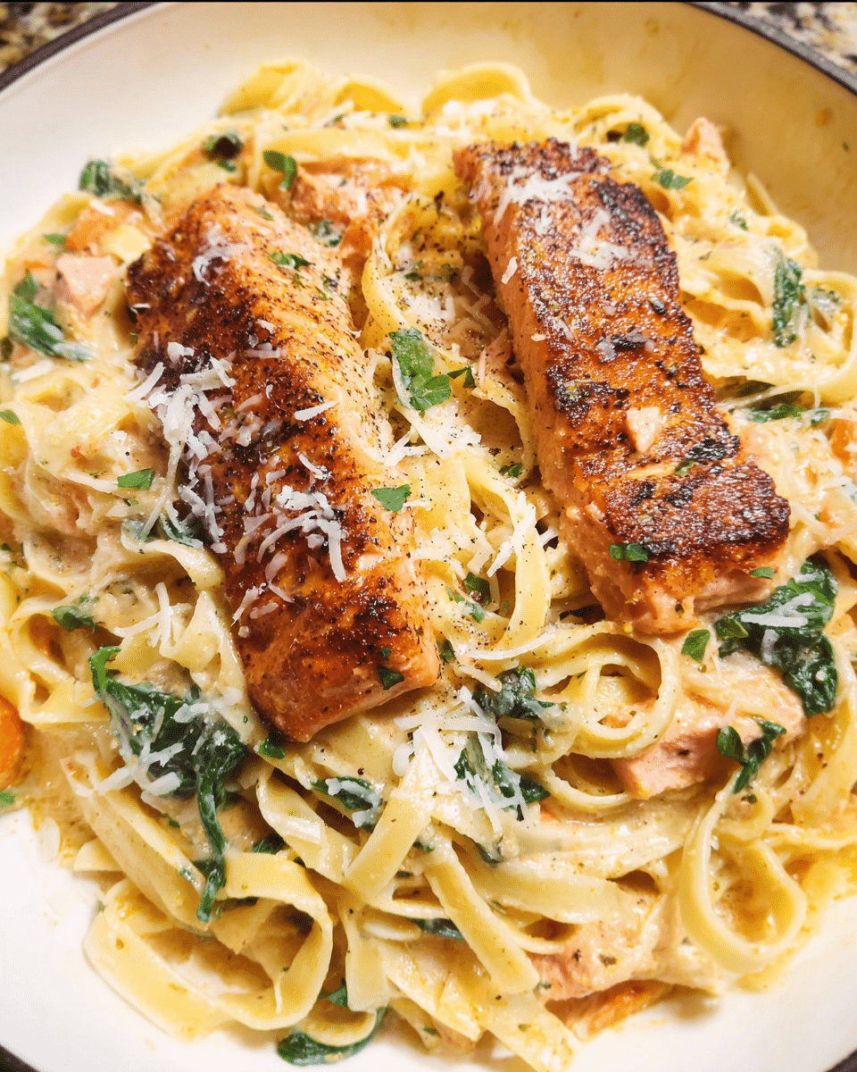 Creamy Cajun salmon pasta served with parmesan cheese and spinach