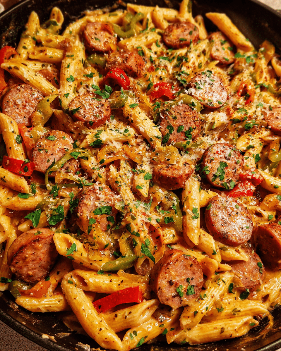 Creamy Cajun sausage pasta served with Parmesan and parsley