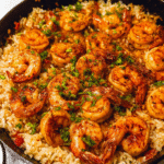 Skillet creamy Cajun shrimp rice garnished with fresh parsley
