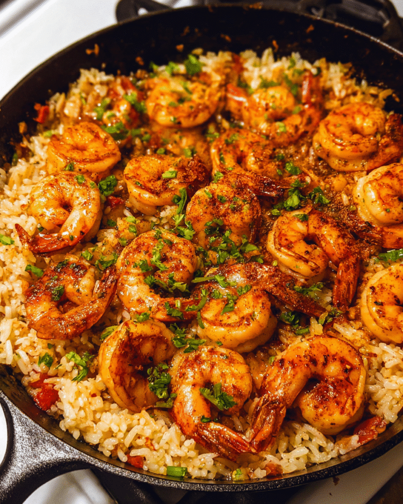 Skillet creamy Cajun shrimp rice garnished with fresh parsley