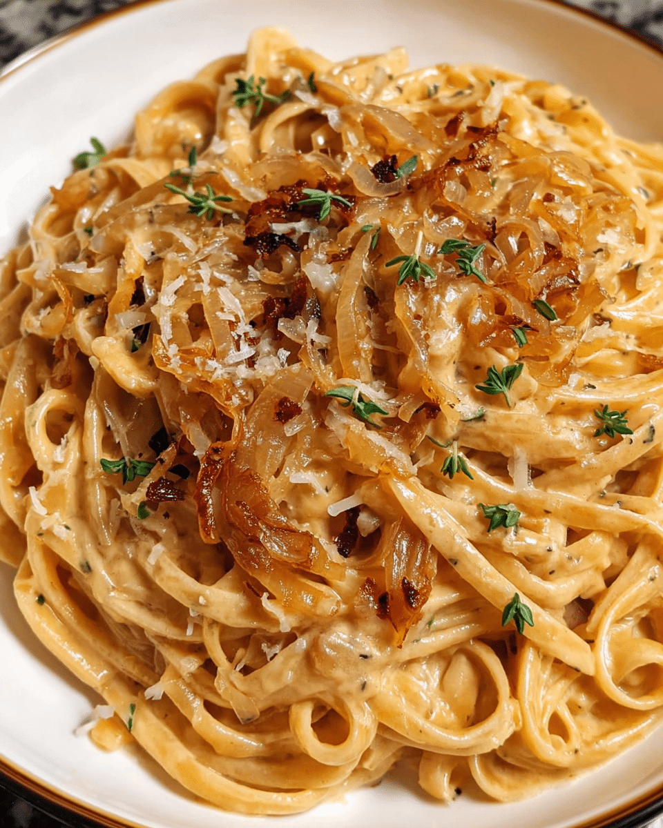 Bowl of creamy caramelized onion pasta with Parmesan and thyme