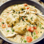creamy chicken and dumplings in a bowl with parsley