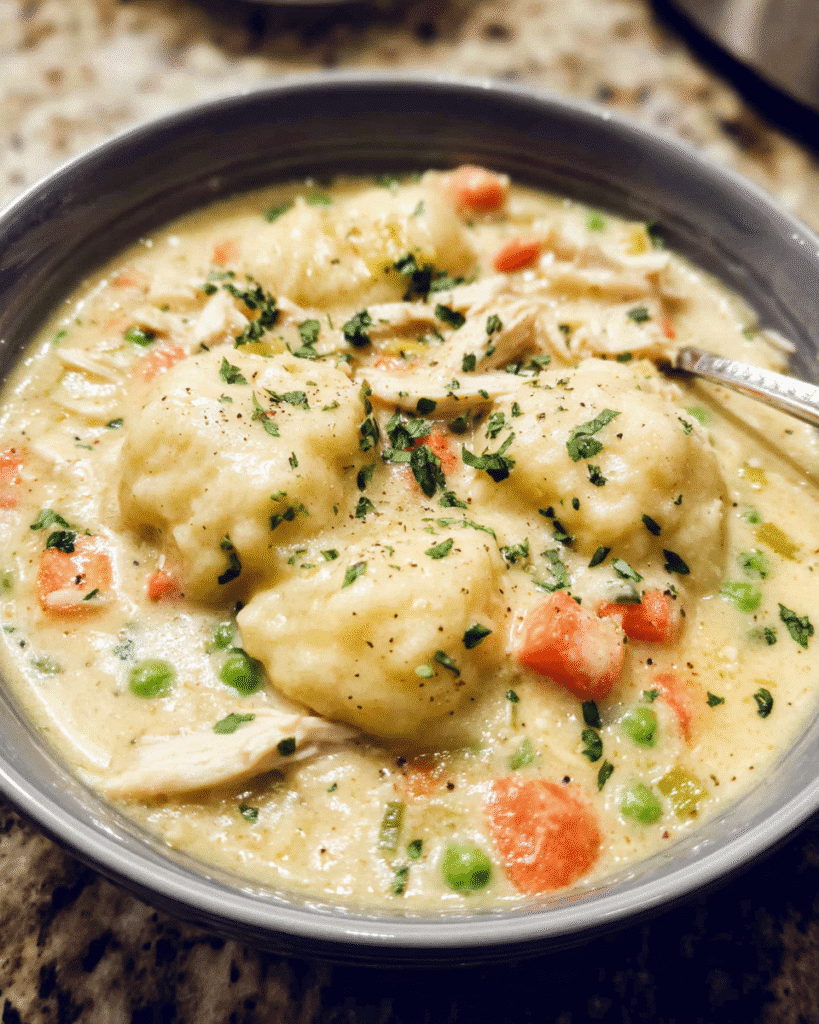creamy chicken and dumplings in a bowl with parsley
