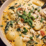 Creamy chicken gnocchi soup with spinach and Parmesan cheese