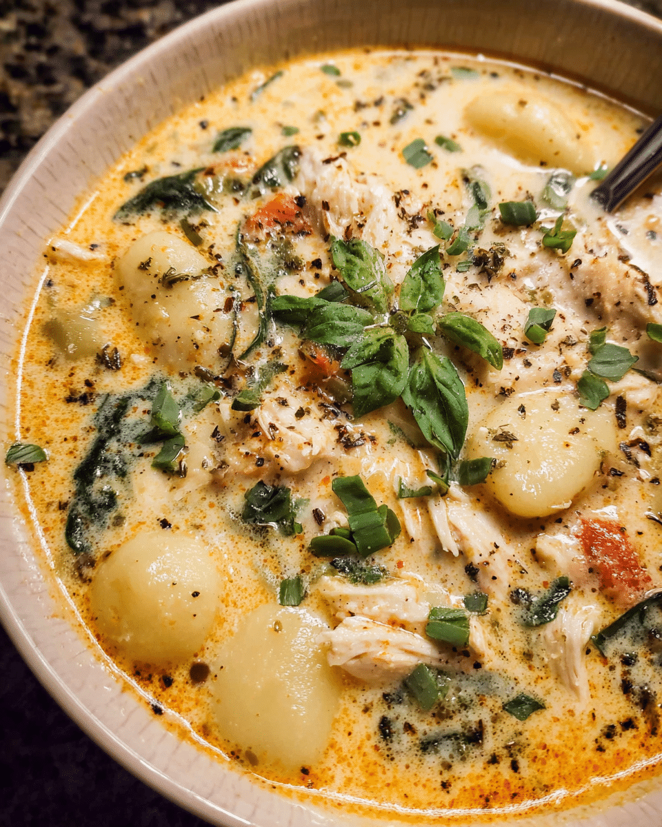 Creamy chicken gnocchi soup with spinach and Parmesan cheese