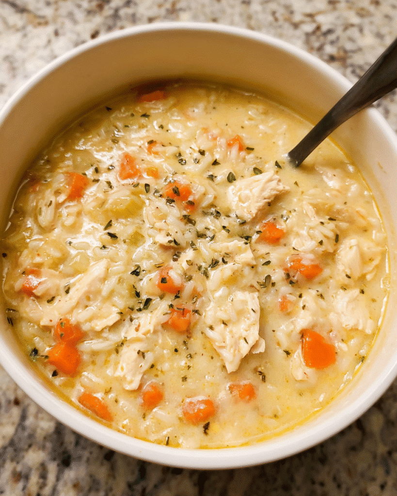 Bowl of creamy chicken rice soup with tender chicken, rice, carrots, and celery