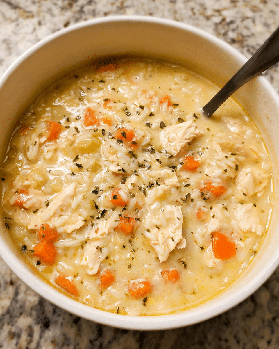 Bowl of creamy chicken rice soup with tender chicken, rice, carrots, and celery
