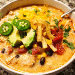 Bowl of creamy chicken tortilla soup topped with crispy tortilla strips and avocado