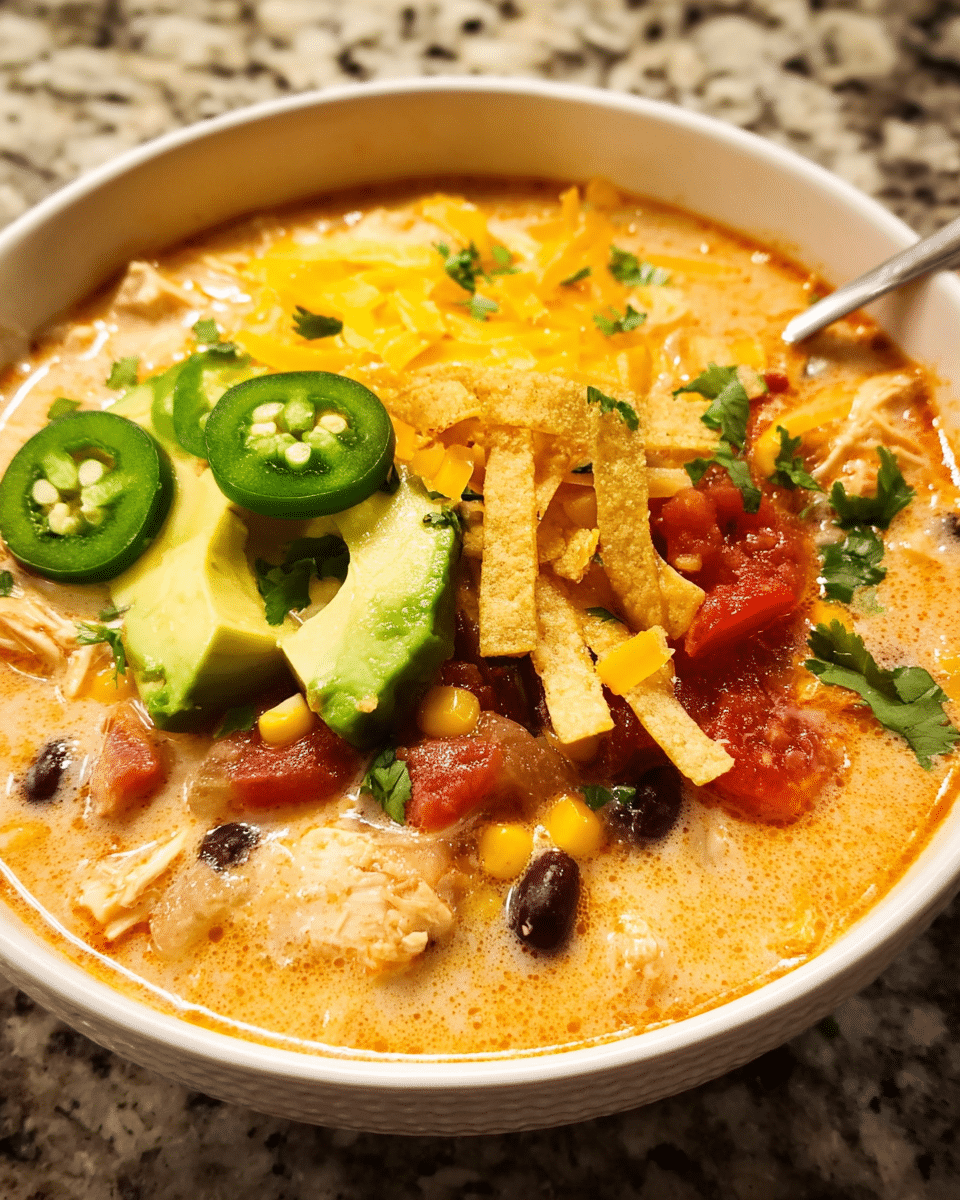 Bowl of creamy chicken tortilla soup topped with crispy tortilla strips and avocado