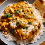 Bowl of creamy coconut curry chicken served with basmati rice and cilantro