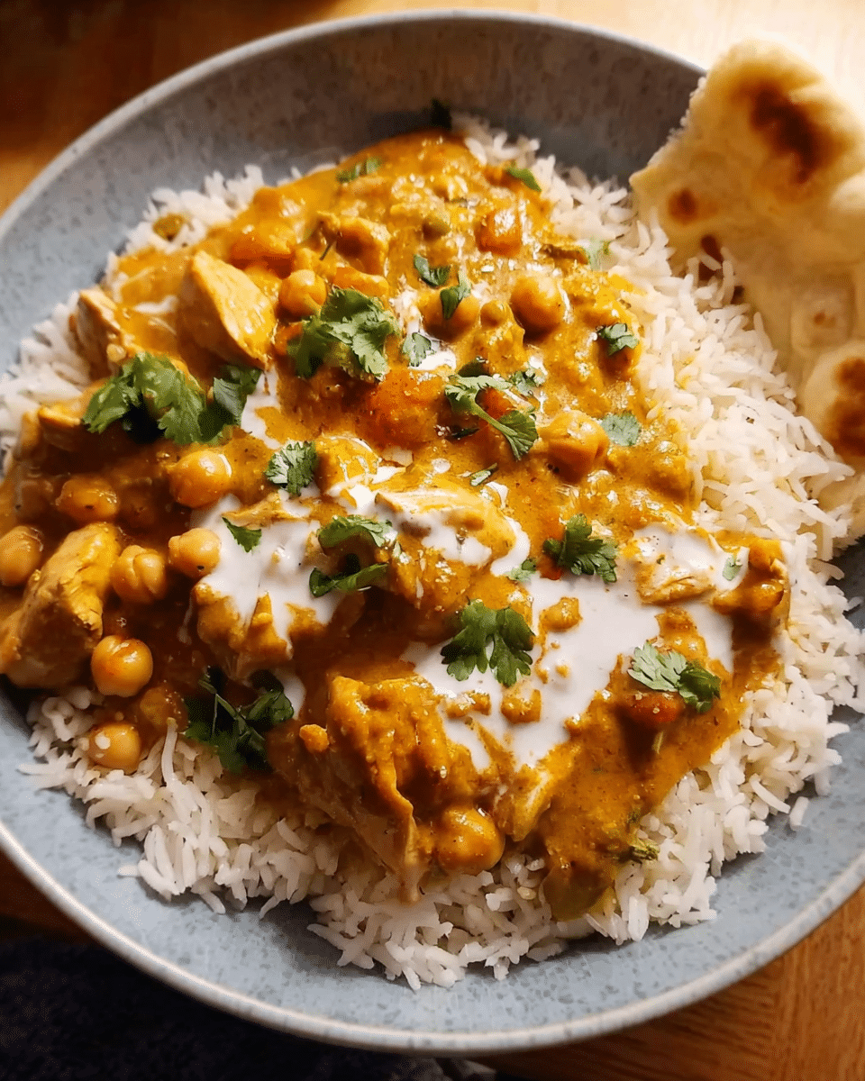 Bowl of creamy coconut curry chicken served with basmati rice and cilantro