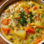 creamy vegetable comfort soup in bowl