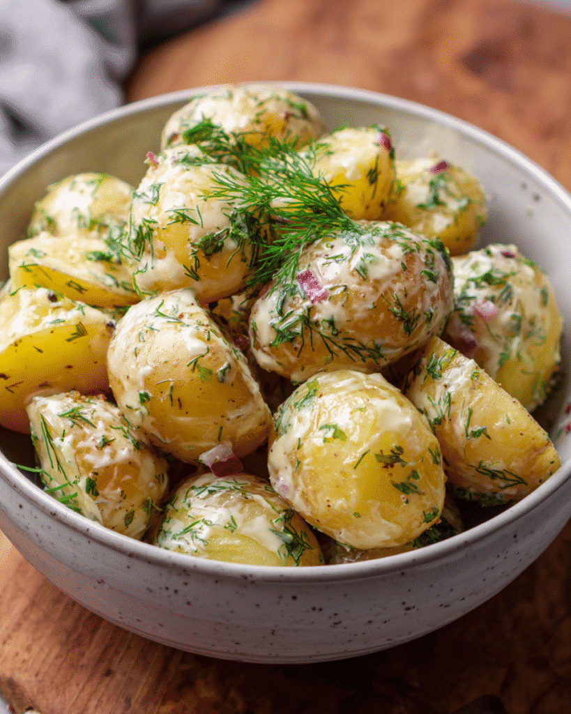 Creamy dill potato bake with fresh herbs and rich cream sauce