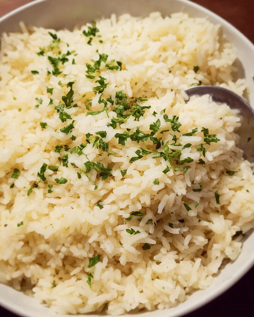 Creamy garlic butter rice bowl served warm with parsley