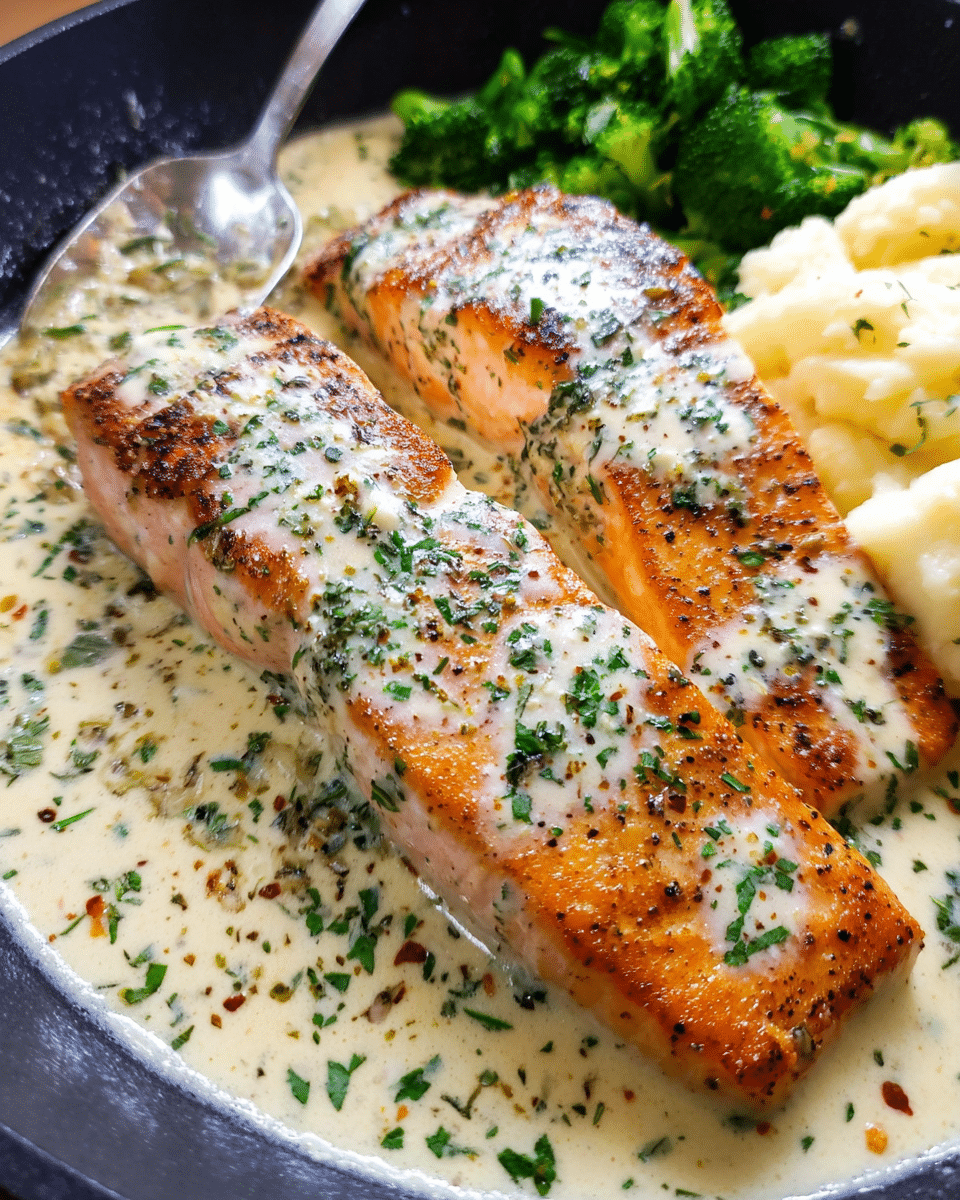 Creamy garlic butter salmon in skillet with sauce