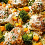 Creamy garlic butter vegetables with roasted broccoli squash and chicken in a skillet