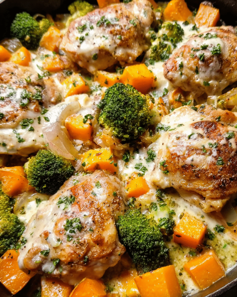 Creamy garlic butter vegetables with roasted broccoli squash and chicken in a skillet