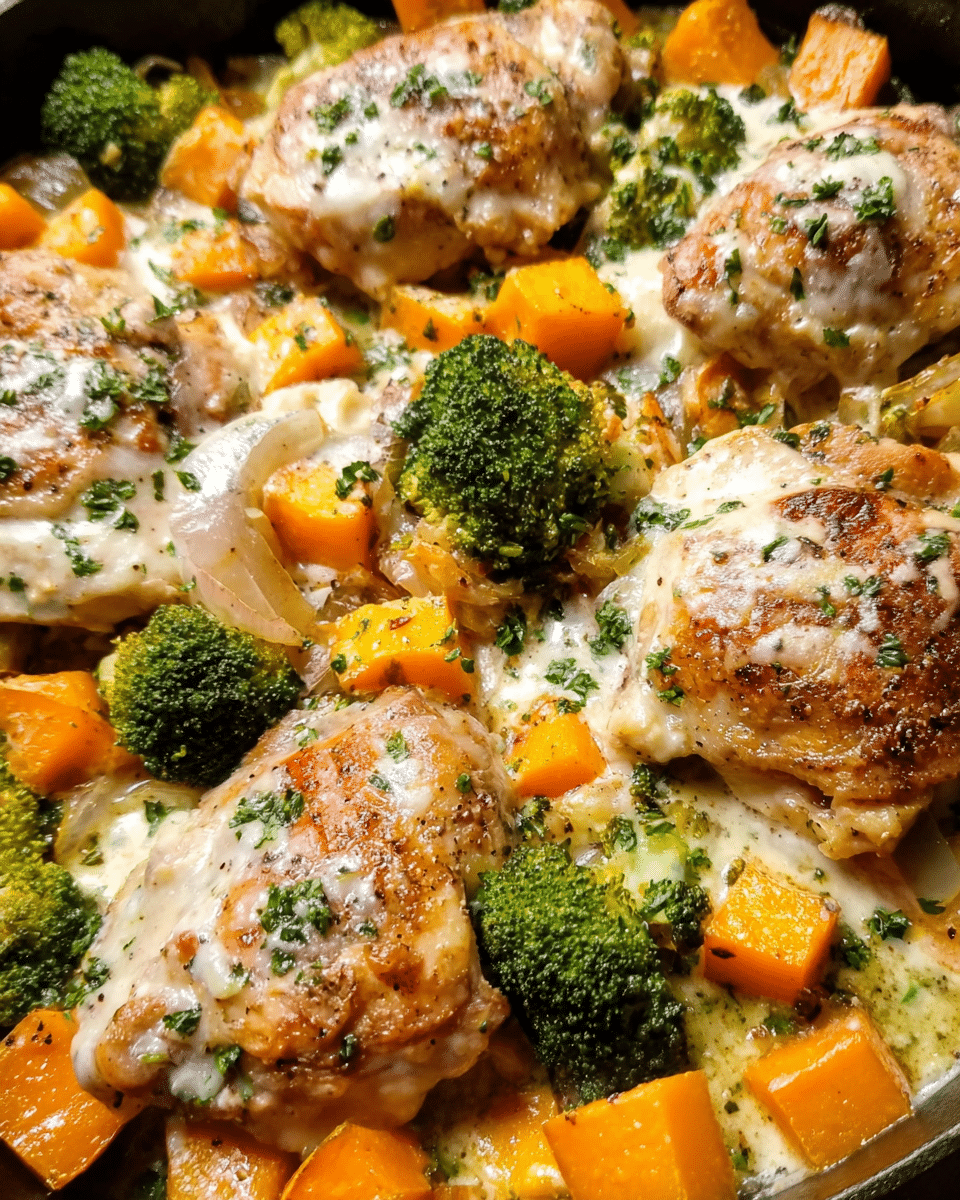 Creamy garlic butter vegetables with roasted broccoli squash and chicken in a skillet