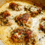 creamy garlic chicken thighs in skillet with sauce