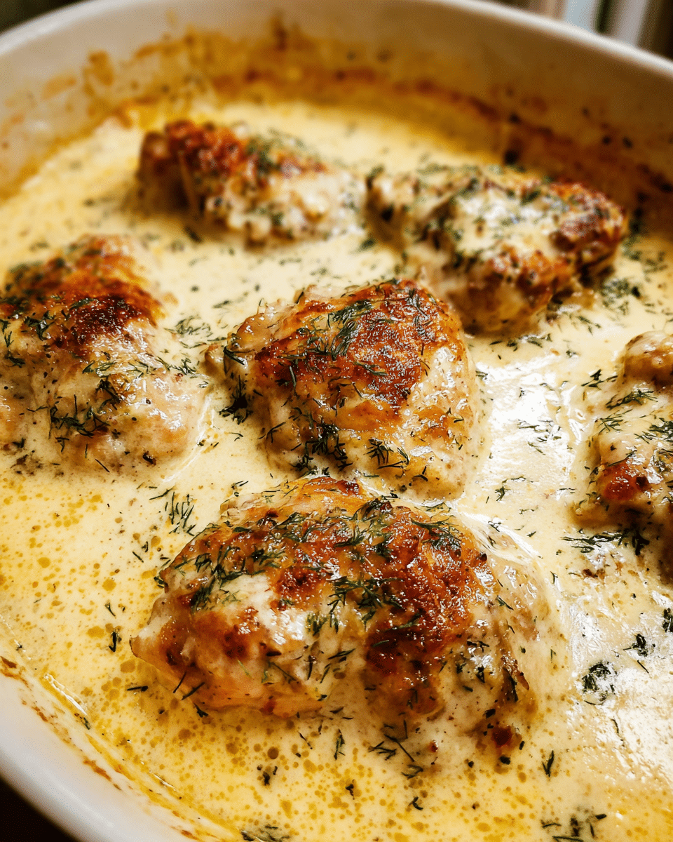 creamy garlic chicken thighs in skillet with sauce