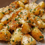 creamy garlic herb potatoes in a bowl with parsley