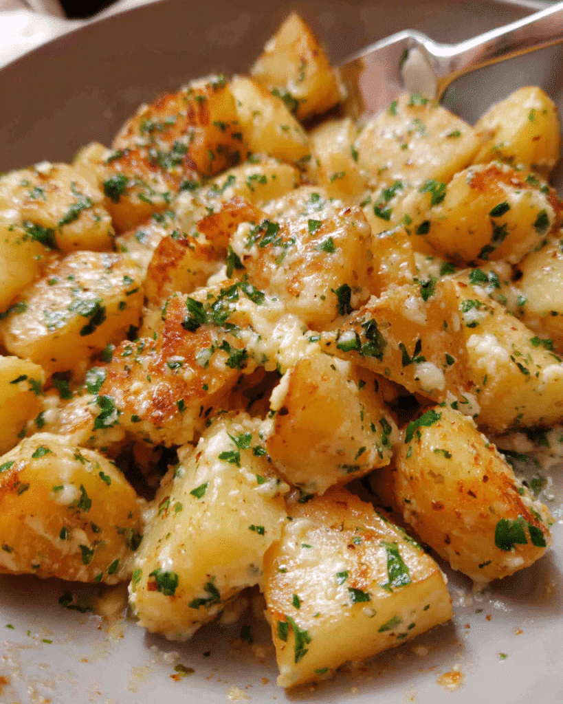 creamy garlic herb potatoes in a bowl with parsley