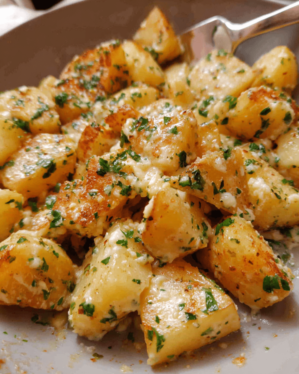 creamy garlic herb potatoes in a bowl with parsley