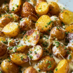 creamy garlic parmesan potatoes in skillet with parsley