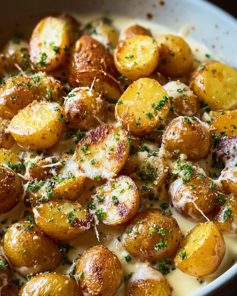creamy garlic parmesan potatoes in skillet with parsley