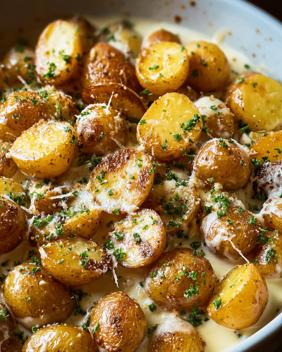 creamy garlic parmesan potatoes in skillet with parsley