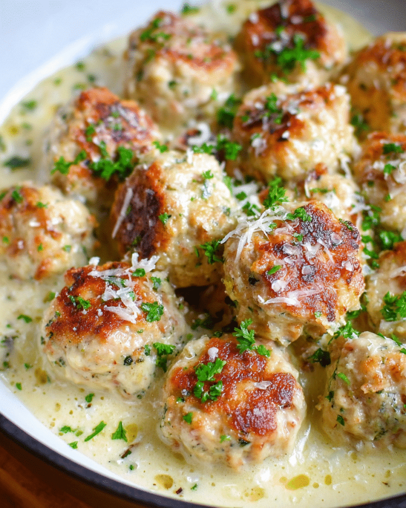 Creamy garlic turkey meatballs in Parmesan sauce served in a skillet
