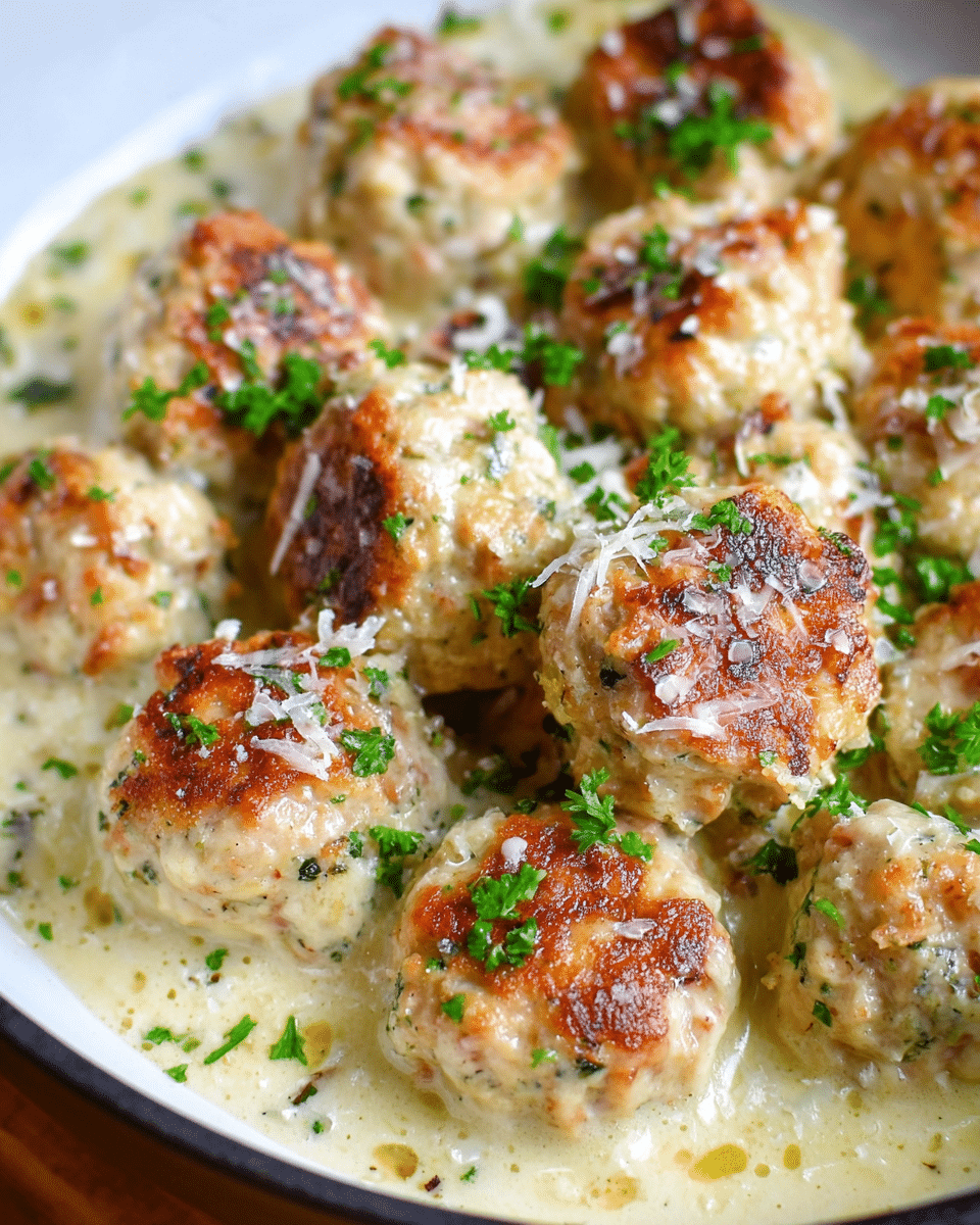 Creamy garlic turkey meatballs in Parmesan sauce served in a skillet