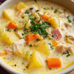 Creamy ham and potato soup with cheddar cheese and potatoes