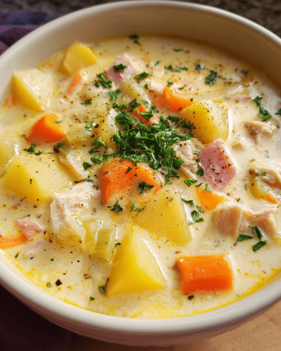Creamy ham and potato soup with cheddar cheese and potatoes
