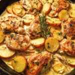 Creamy herb chicken and potatoes baked in a skillet with garlic cream sauce