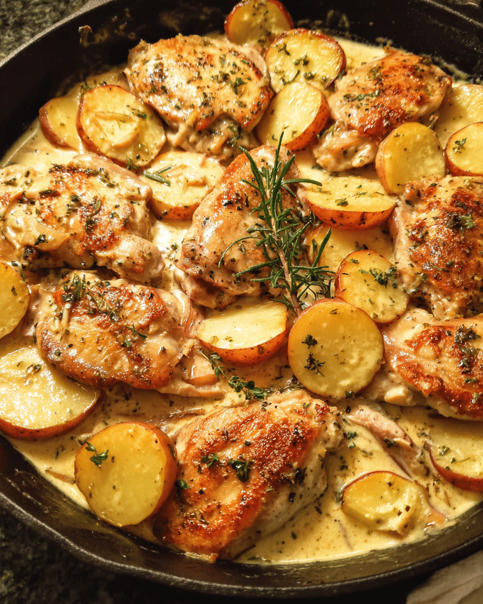 Creamy herb chicken and potatoes baked in a skillet with garlic cream sauce
