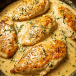Creamy honey mustard chicken served in a skillet with rich Dijon cream sauce