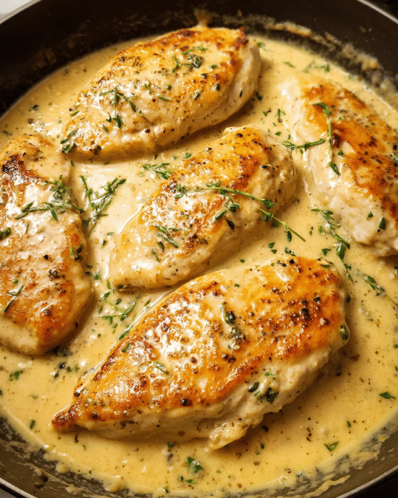 Creamy honey mustard chicken served in a skillet with rich Dijon cream sauce