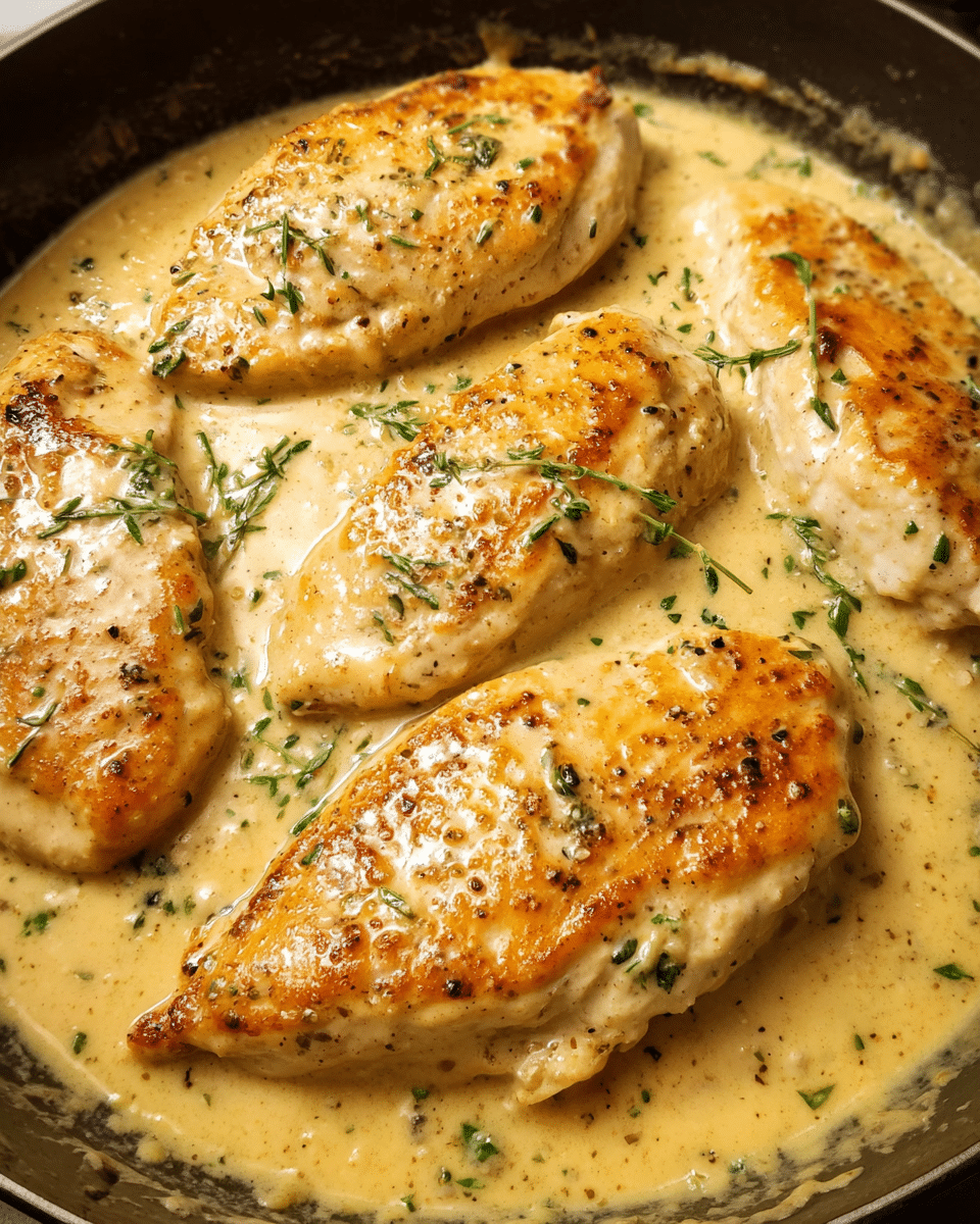 Creamy honey mustard chicken served in a skillet with rich Dijon cream sauce