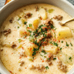 Bowl of creamy Italian sausage soup with potatoes and rich broth