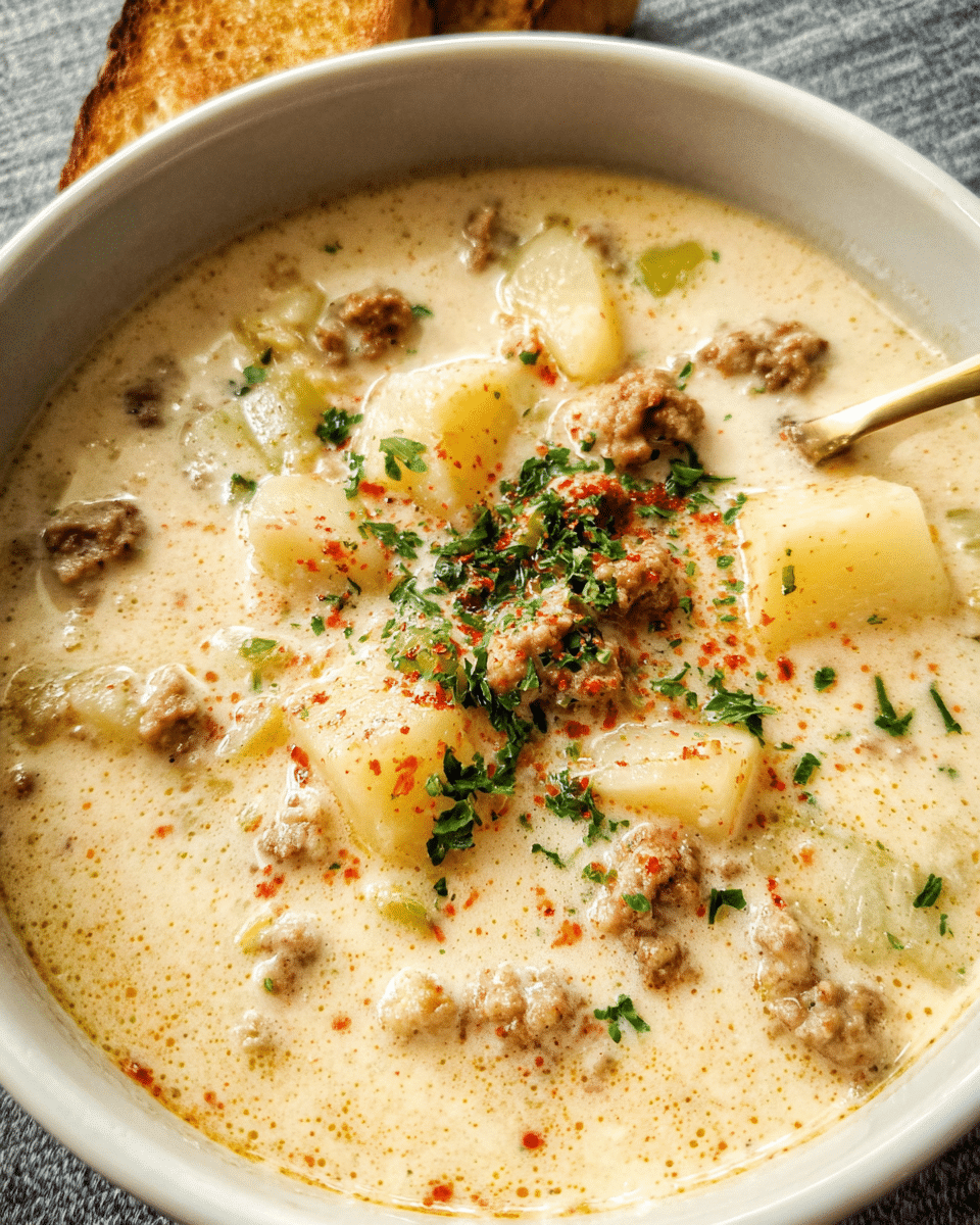 Bowl of creamy Italian sausage soup with potatoes and rich broth