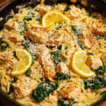 Creamy lemon chicken orzo served in a skillet with spinach and parmesan
