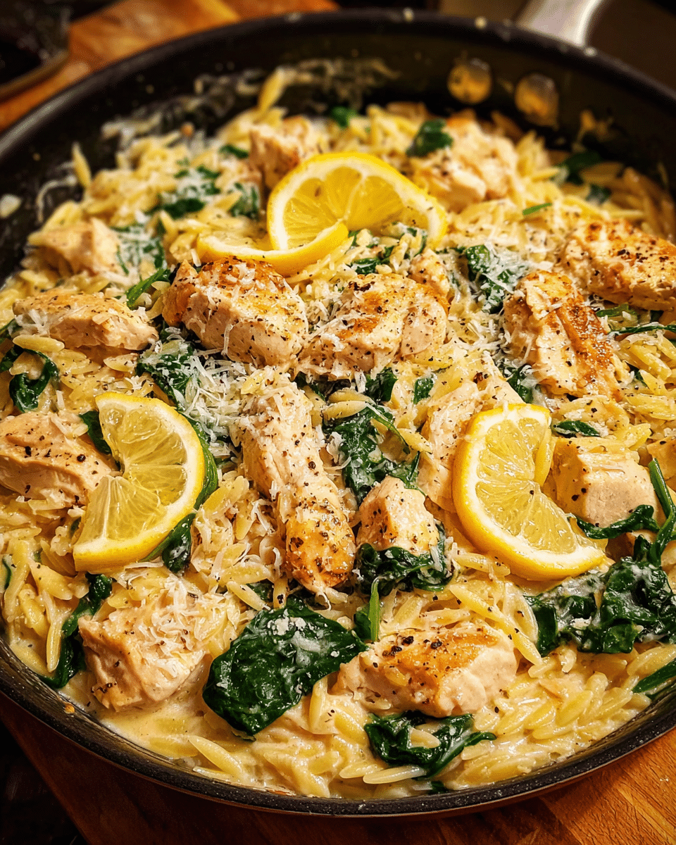 Creamy lemon chicken orzo served in a skillet with spinach and parmesan