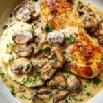 Creamy mushroom chicken skillet with garlic cream sauce and mushrooms