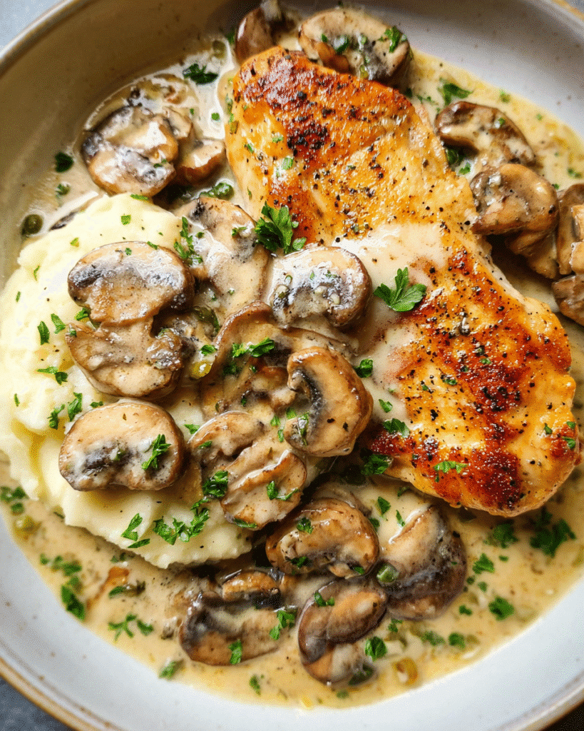 Creamy mushroom chicken skillet with garlic cream sauce and mushrooms