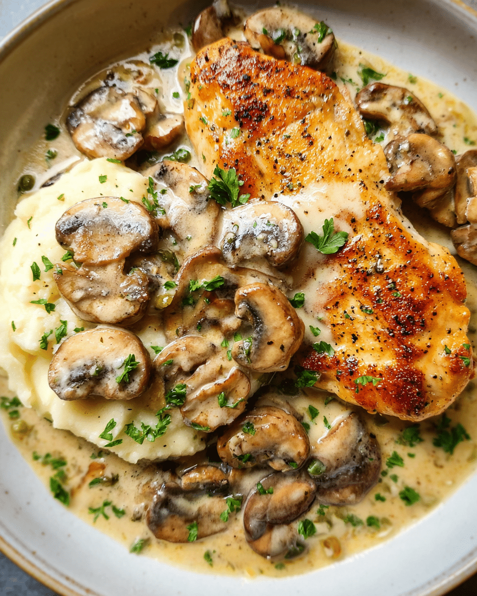 Creamy mushroom chicken skillet with garlic cream sauce and mushrooms
