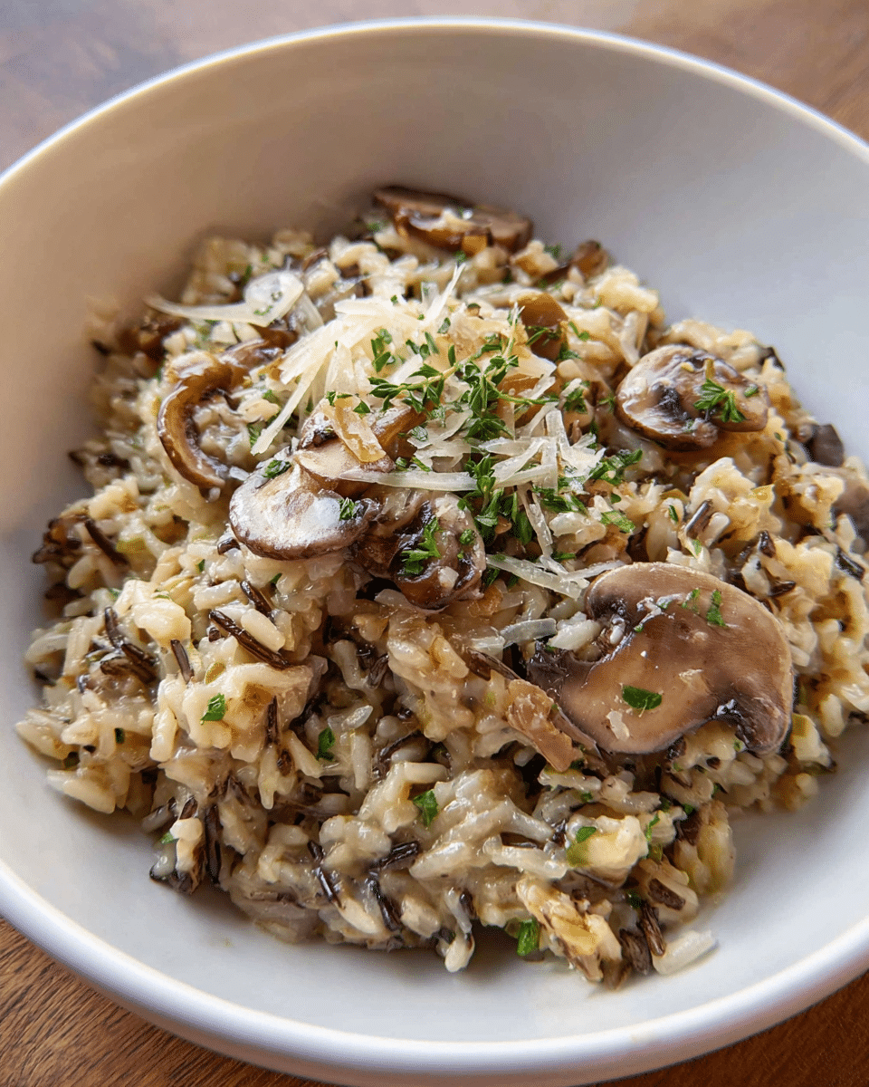 Creamy mushroom wild rice served in a skillet with Parmesan cheese and herbs