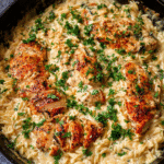 Creamy parmesan chicken orzo served in a skillet with fresh parsley