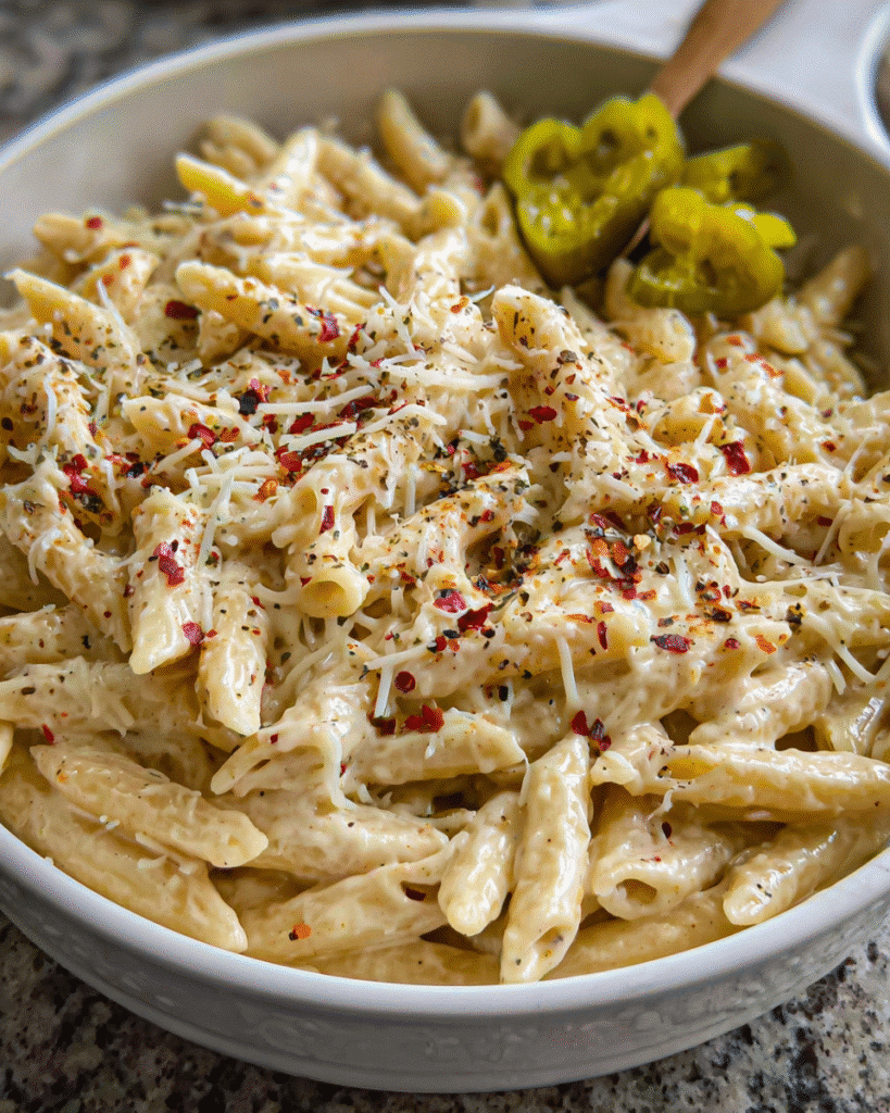 Creamy pepper jack pasta served warm with melted cheese sauce and penne